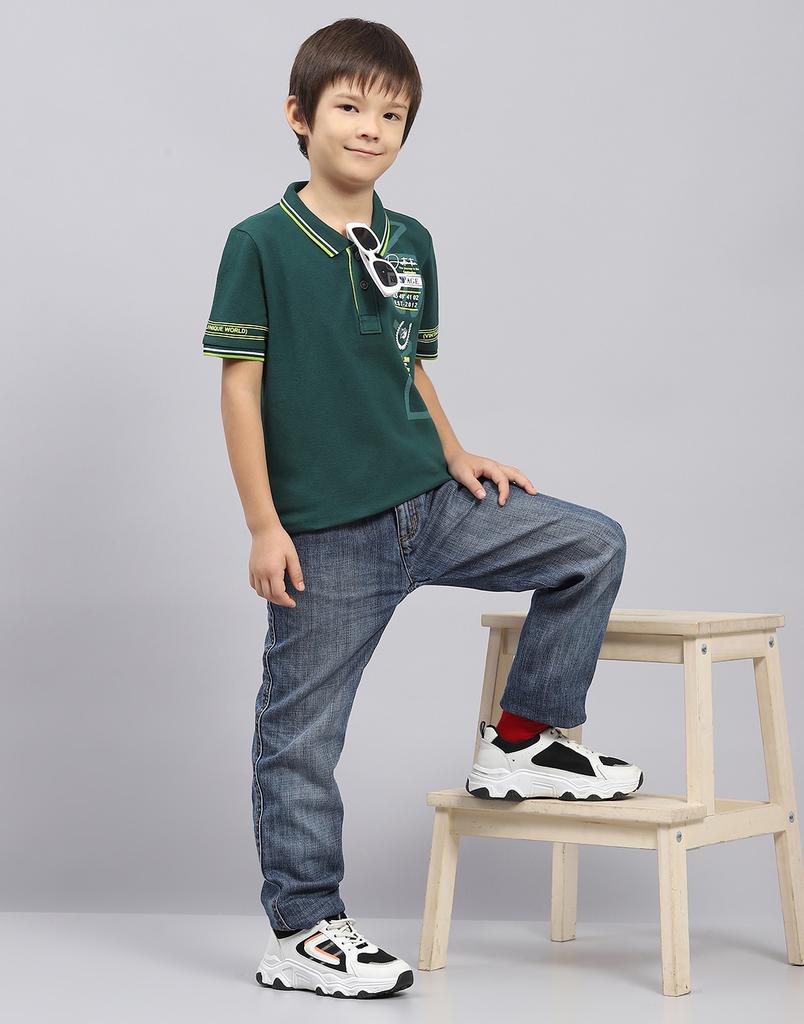 MONTE CARLO Boys Green Printed Collared Neck Half Sleeve T-Shirt
