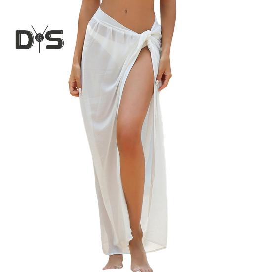 Women Beach Skirt Lace-up Solid Color See-through Thin Quick-Drying Flowy Skirt Sun Protection Bikini Cover Up