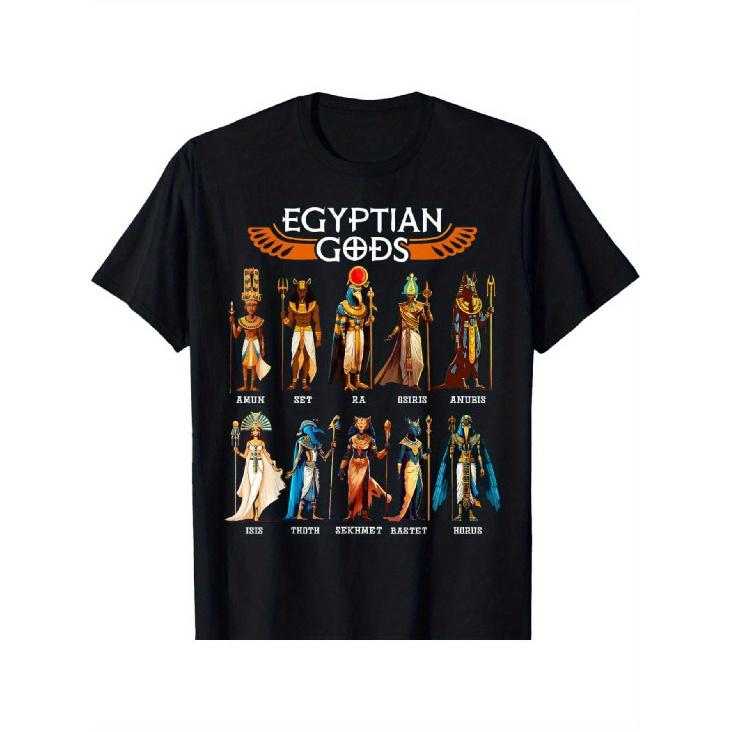 Men s Egyptian Gods T-Shirt - Anubis, Thoth & Horus Print Retro Ancient Mythology Tee, Loose Fit Breathable for All-Season Wear, Casual Egyptian S чёрный