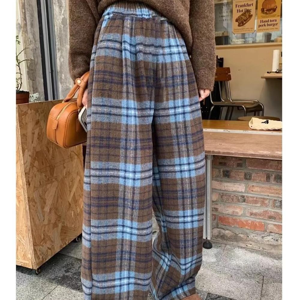 Ladies' Autumn and Winter High Waisted Woolen Plaid Wide Leg Pants, Casual Versatile, Casual with Plush Pants