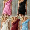 Women's Off Shoulder Ruffle Mini Dress Belted Solid Color Short Sleeve Summer Party Dress