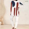 Women Plus Size Round Neck Long Sleeve Red White Blue Flag Printed Longline Top Fitted Pants Two Piece Set