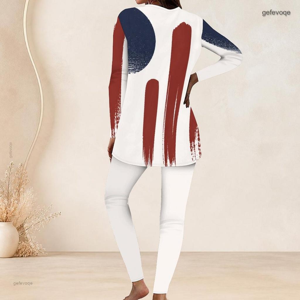 Women Plus Size Round Neck Long Sleeve Red White Blue Flag Printed Longline Top Fitted Pants Two Piece Set