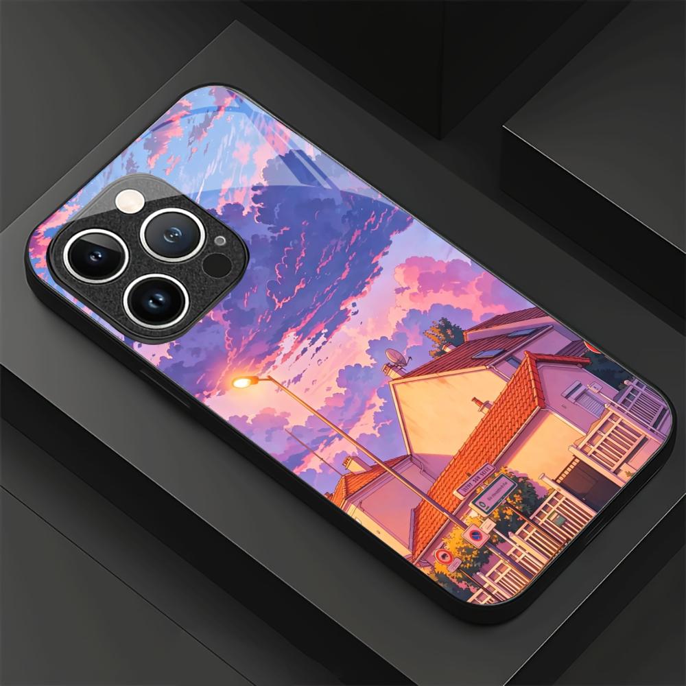 Dusk Sunset Scenery Tempered Glass Shockproof Case For iPhone 17 16 15 14 13 Pro Max Plus Lens Protection Phone Back Cover