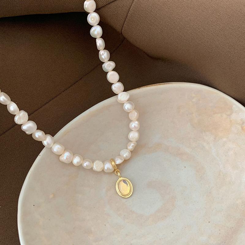 Freshwater Pearl Oval Opal Pendant Necklace Korean Personality Design Sense Clavicle Chain Temperament Necklace Women
