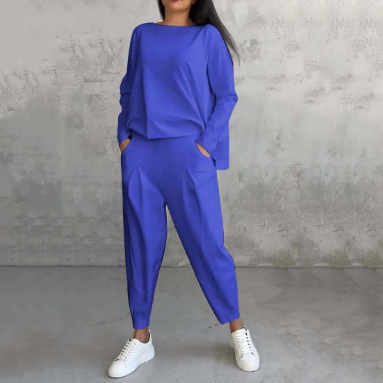 2 Teile/Satz Damen Oberteile Hosenanzug Rundhalsausschnitt Lange Ärmel Einfarbig Unregelmäßig Sweatshirt Kordelzug Elastische Taille Hose Alltagskleidung Sport Outfit