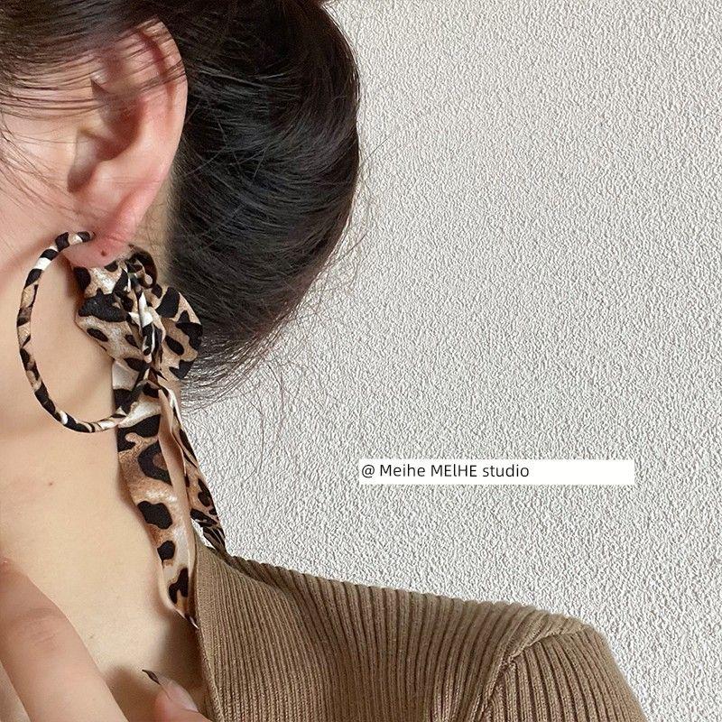 Exaggerated Leopard Print Autumn Wild Fabric Large Circle Ribbon Leopard Print Ribbon Earrings