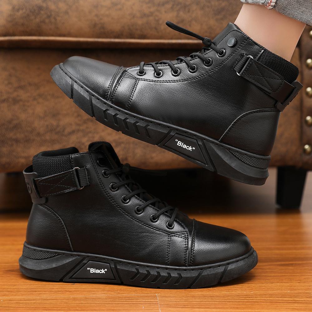 Autumn Cheap Mens Black Boots Trendy Comfortable Casual Leather Boots Men High-top Lace-up  Work Boots For Men Botas Para Hombre