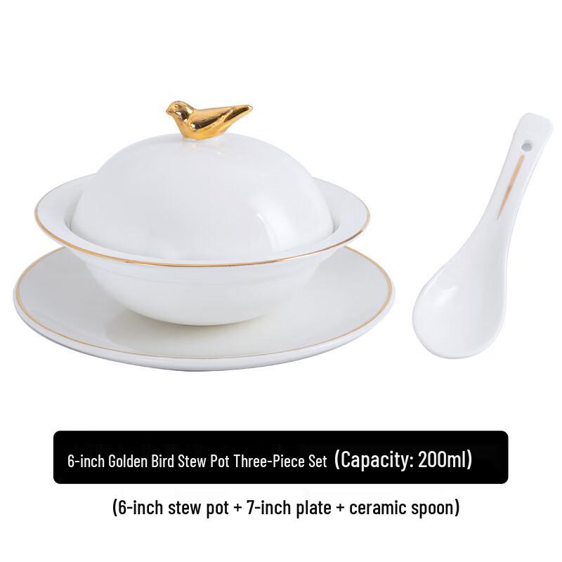 Commercial Ceramic Gold-Rimmed Stew Pot Set Golden 6 Golden Bird Stew Pot with Dish and Spoon
