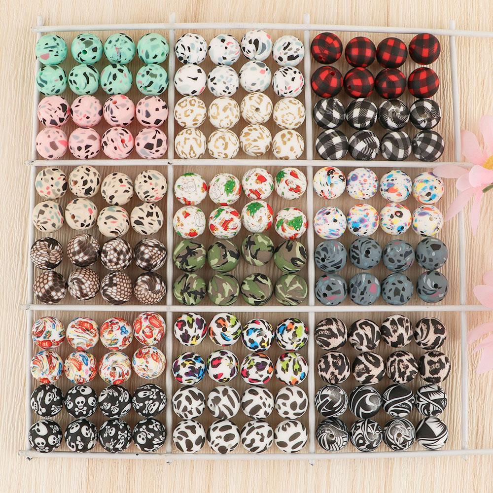 20 Stück 12mm Bedruckte Silikonperlen Runde Lose Perlen für DIY Schmuckherstellung Armband Halskette Bastelzubehör