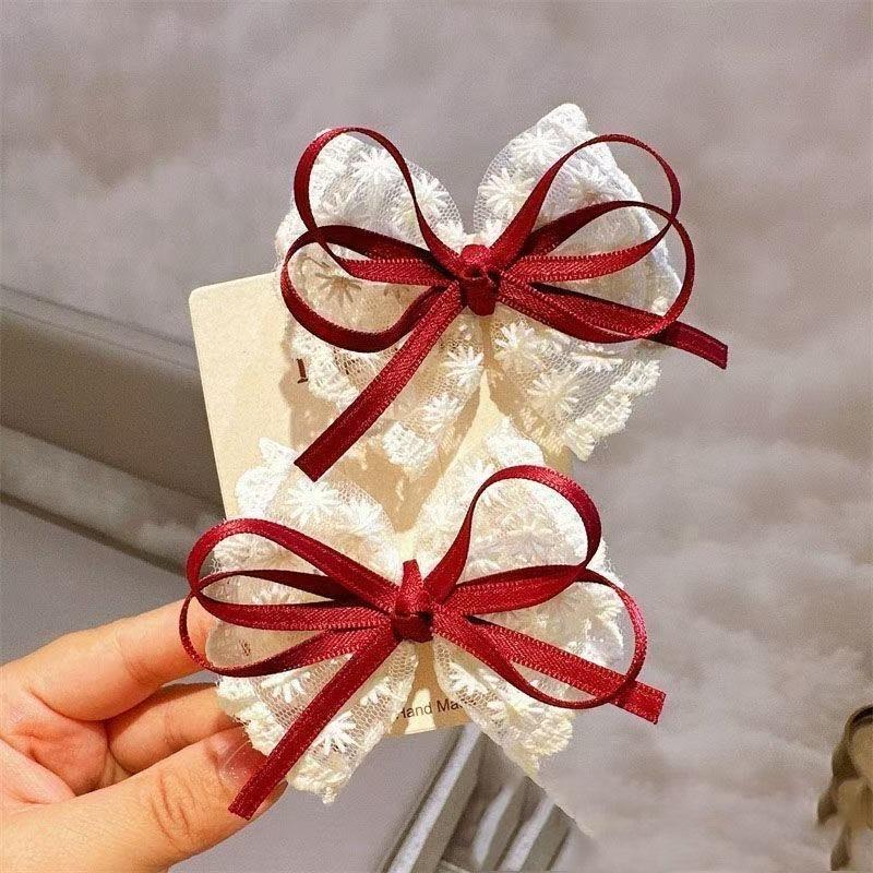 

Lace Flowing Bow Knot, Elegant Floral Ribbon Butterfly Knot Hairpin, Girlish Bangs on The Side 2pcs красный