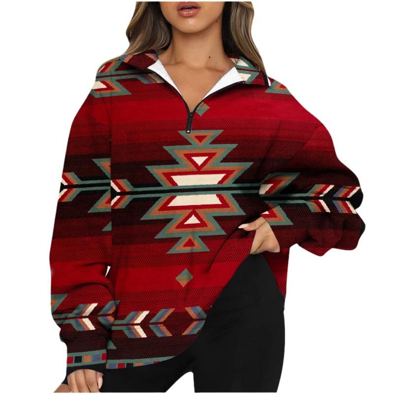 2025 Women's Printed Top Half-zipper Pullover Long-sleeved Sweatshirt Female