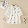 ZANZEA Women Casual Turn Down Collar Loose Half Sleeve Floral Print Blouse