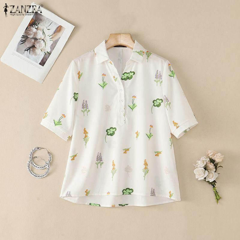ZANZEA Women Casual Turn Down Collar Loose Half Sleeve Floral Print Blouse