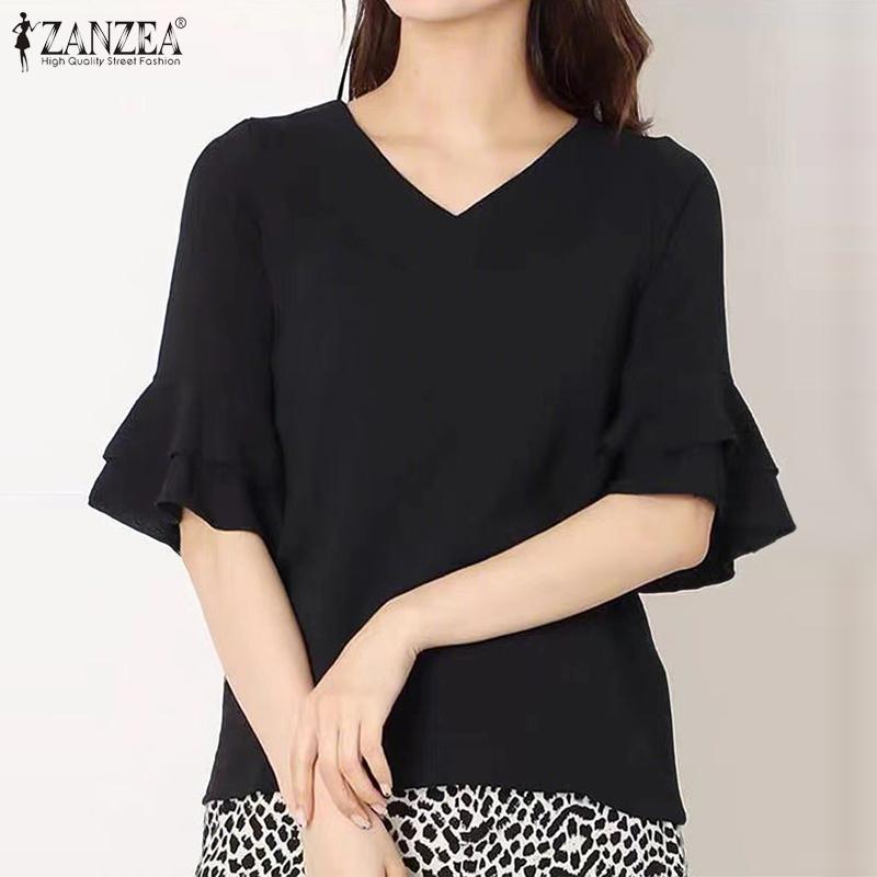 ZANZEA Womens Casual V-Neck Solid Color Loose Half Sleeve Blouse