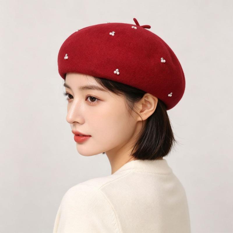 Vintage Wool Beret Pearl Rhinestone Decor Women Autumn Winter Hat Multi Color