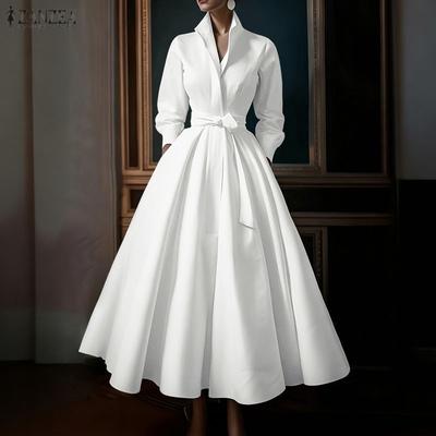Women Casual Turn Down Collar Long Sleeve Long Dress