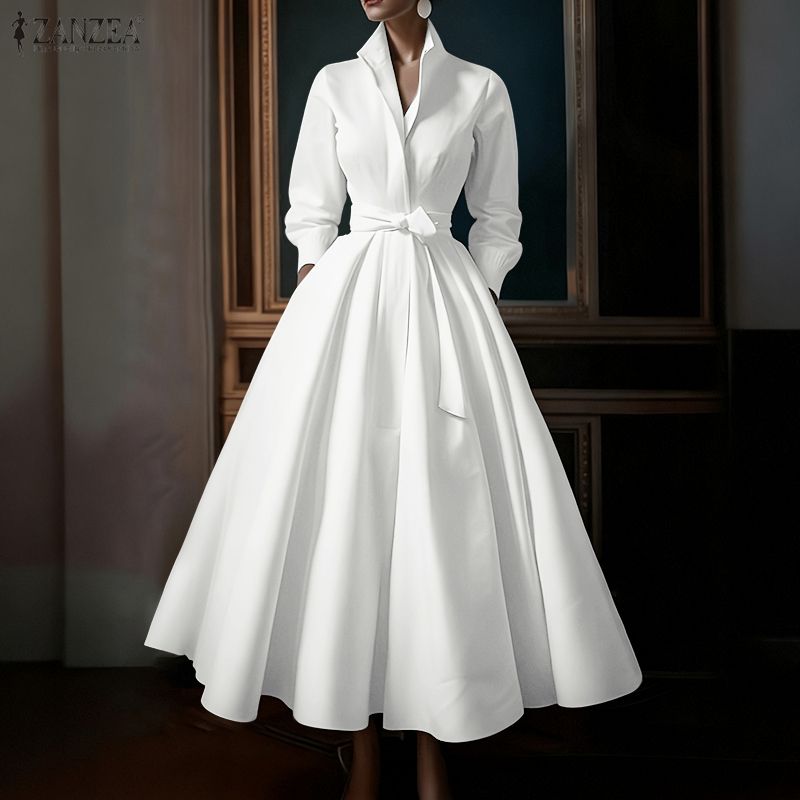 ZANZEA Women Casual Turn Down Collar Long Sleeve Long Dress