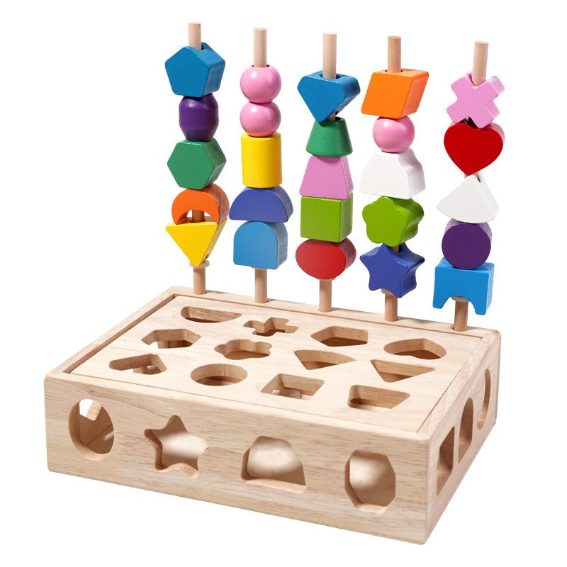 

Детская геометрическая коробка-головоломка с бисером, пять наборов колонок, цветные сенсорные игрушки для раннего развития, деревянные игрушки 31.53 древесина