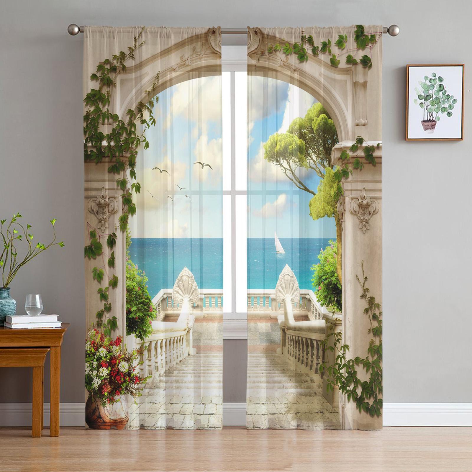 

Garden Italian Arch Architectural Flowers Street Tulle Curtains Living Room Chiffon Voile Kitchen Bedroom Curtain Sheer Made Of Polyester Decor W100*H130(CM)-Rod Pocket&2PCS