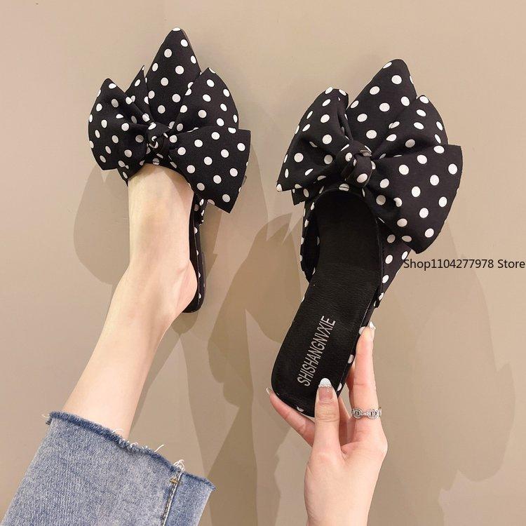 Módní oversize Boty s motýlkem Mule Ženy Módní Nazouvací sandály se špičatým pruhem Vlna Dámské Luxusní Saténové Hedvábné Outdoorové ploché pantofle
