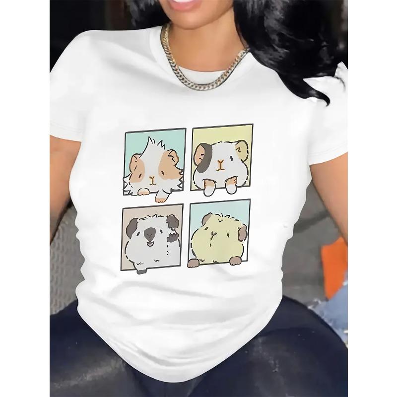 

Women s Cute Cartoon Guinea Pig Print T-Shirt Casual Crew Neck Short Sleeve All-Season Top S белый