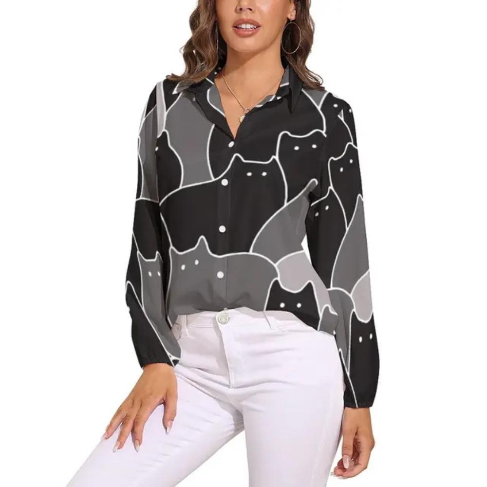 Black Cat Blouse For Women Cute Classic Cat Print Loose Blouses Long Sleeve Kawaii Shirts Spring Casual Clothing Big Size Blouse