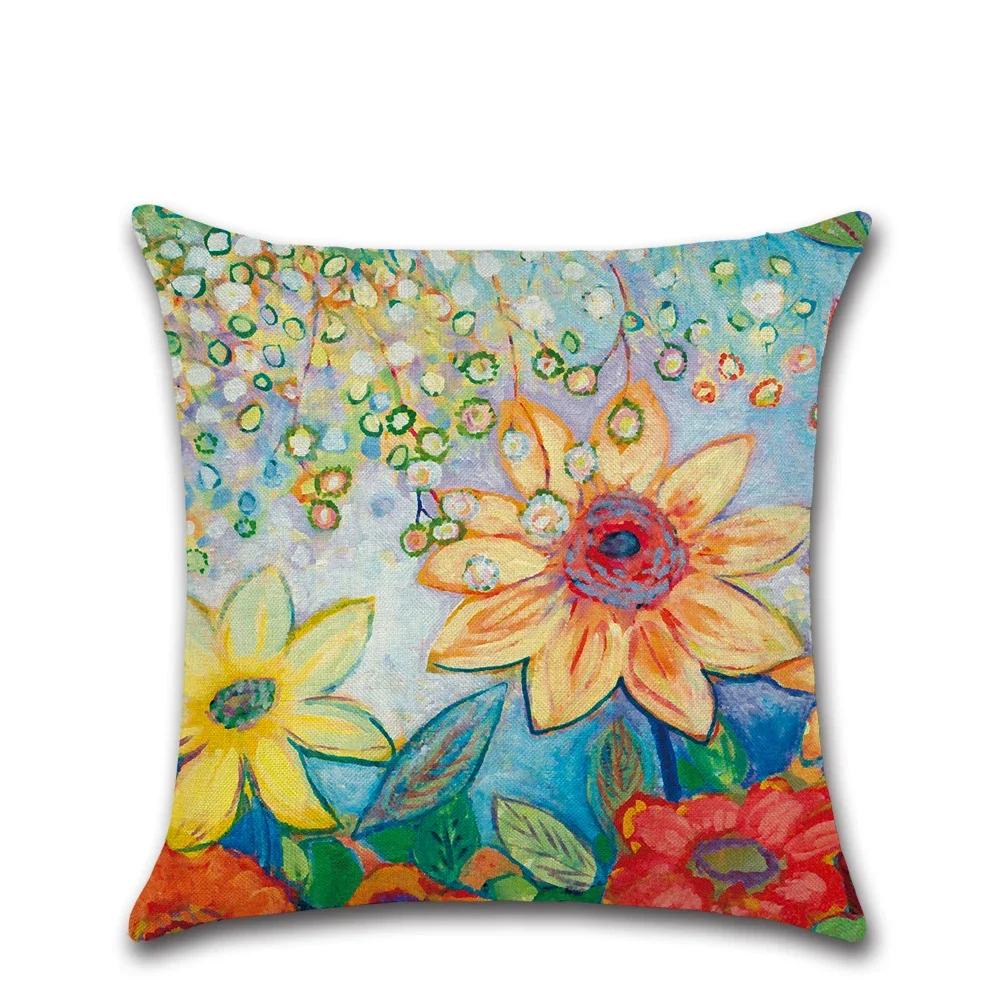 Plants Leaf Sunflower Cushion Cover Linen Decorative Home Sofa Square Pillow Case For Couch Farmhouse Decoration 45X45Cm