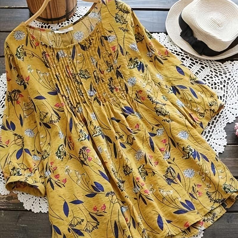 Plus Size S-5XL Women Fashion Floral Printed 3/4 Sleeve Shirt Loose Retro Color Shirt Ladies Blouse Tops