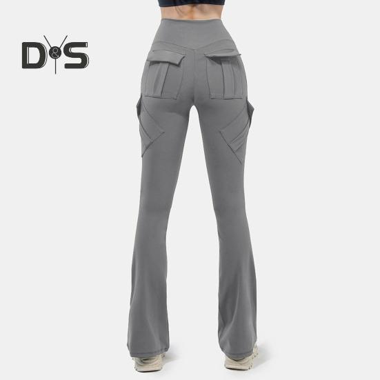 Women Flared Pants Elastic High Waist Wide Leg Casual Trousers with Flap Pockets Solid Color Cargo Pants Daily Wear