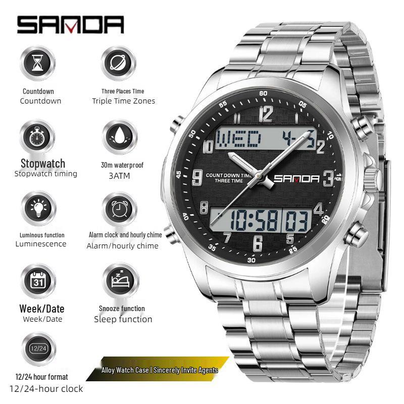 Sanda Waterproof Teen Boys' Sports Watch: Multifunctional Alarm, Three-Time Zone, Dual Display.