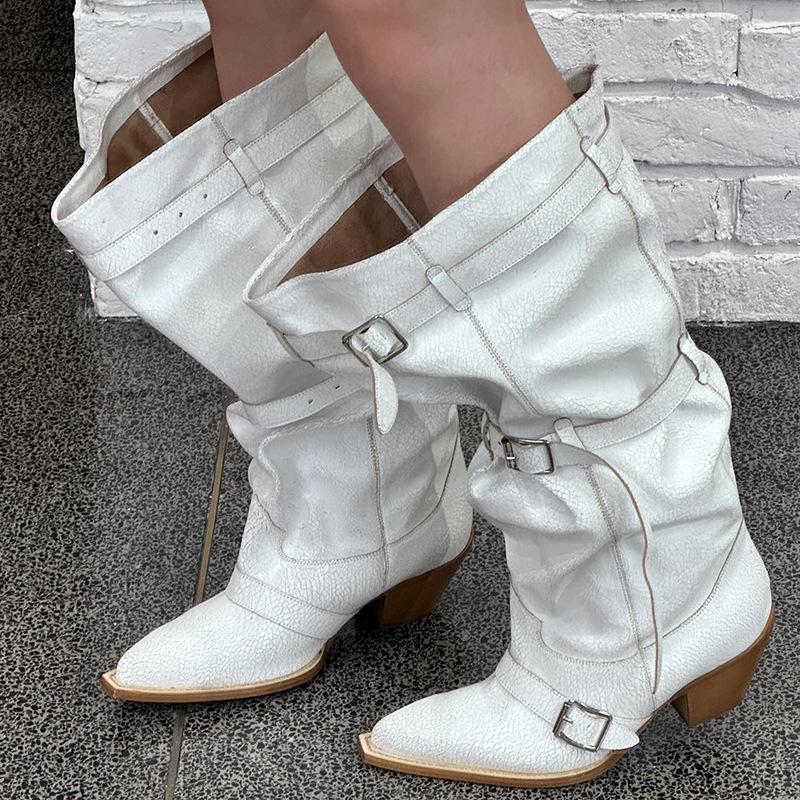 

Cowhide version~ European and American Spice Girls style pointed white stacking boots Western cowboy boots women s wide knight boots long boots 35