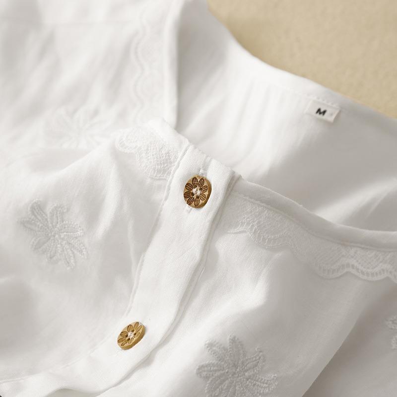 Real shot summer new cotton and linen literary loose casual age reduction embroidered white dress women's clothing