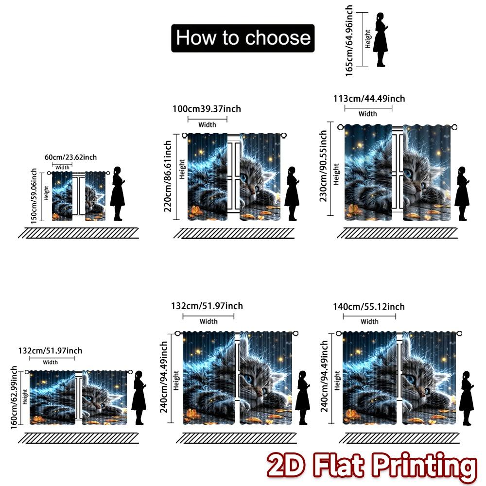 2D flat printing 2pcs Curtain Window Curtains Glowing Cat and Fireflies Digital Printed Polyester Drapes Party Decorations Use