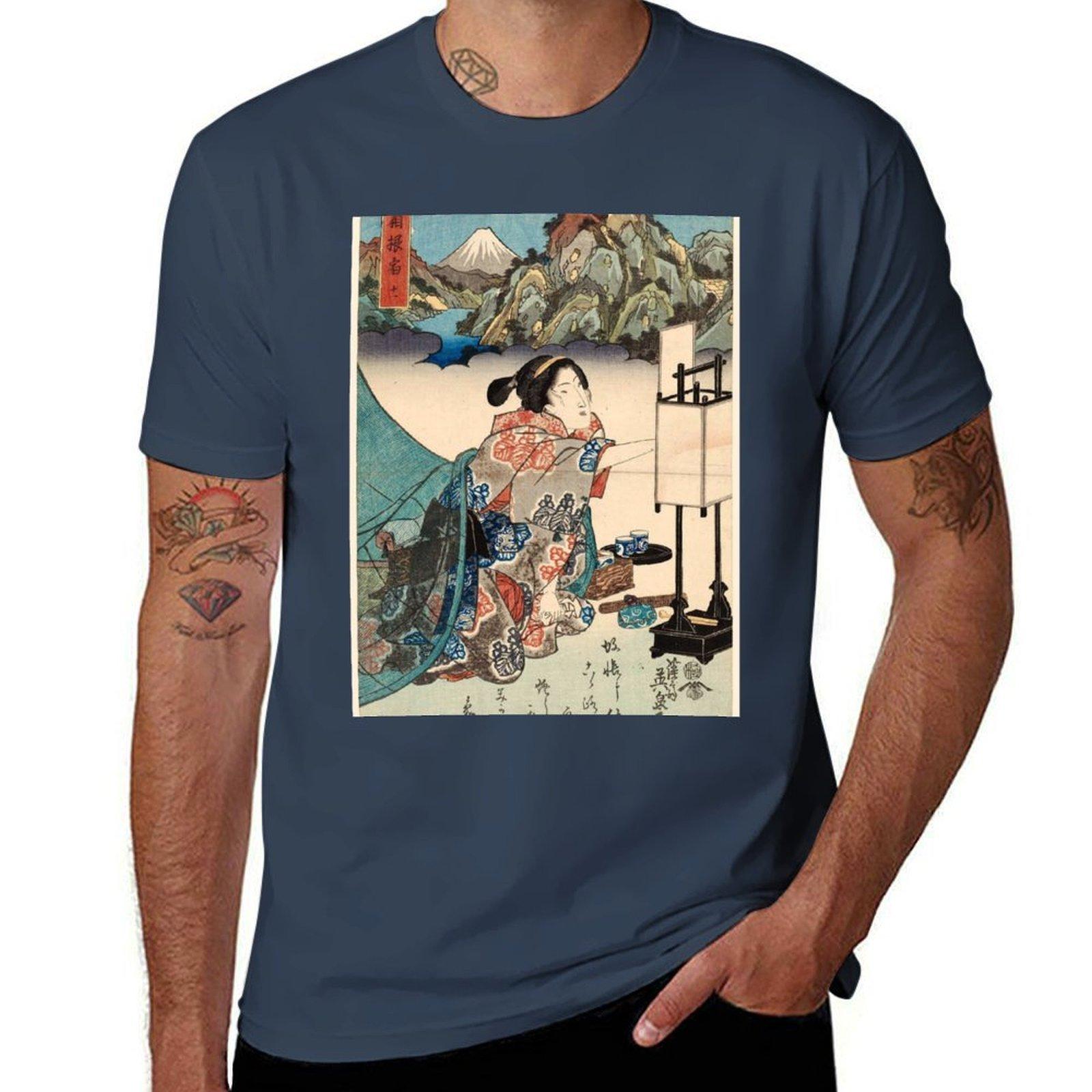 Japanese Vintage Ukiyoe Lady Mountain Scene Keisai Eisen Tshirt Minimalist Casual Short Sleeve Top S