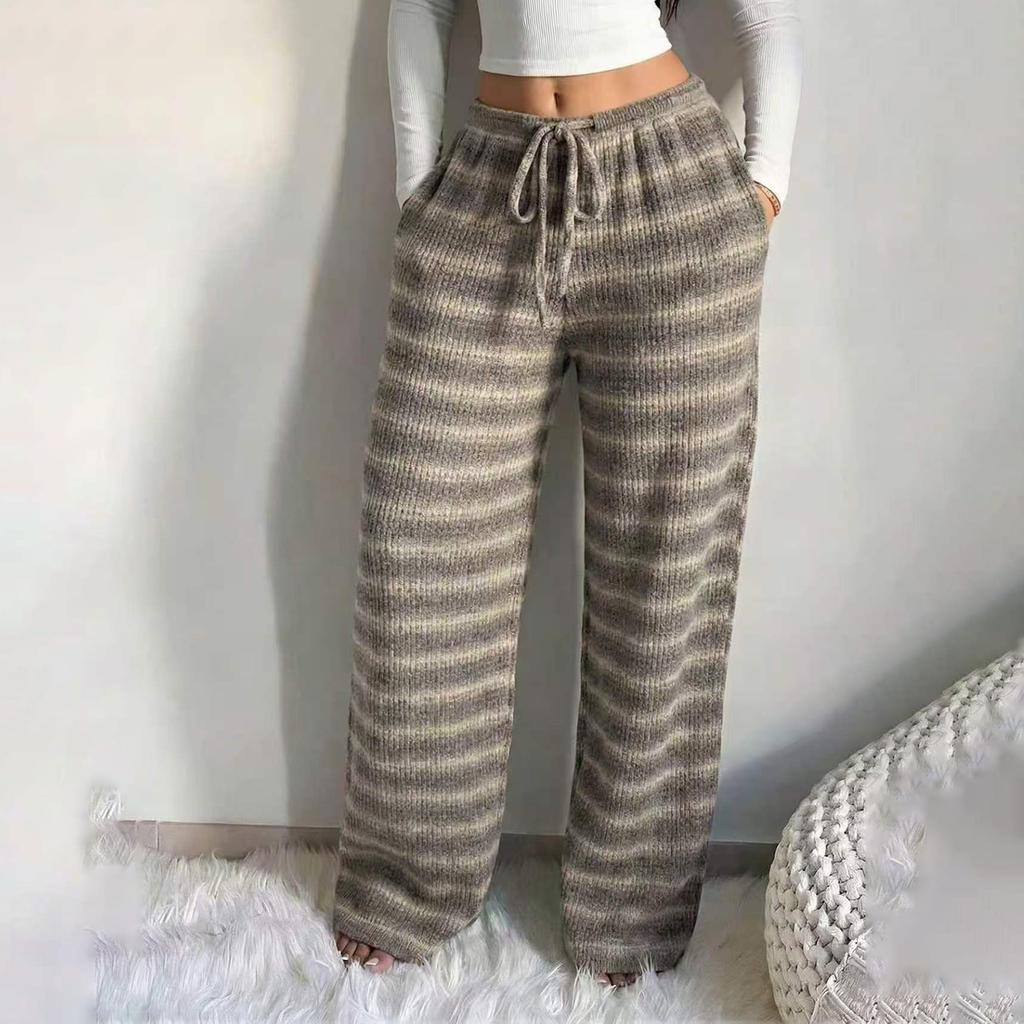 Women's Knit Striped Loose Fit Mid- Wide Leg Casual Pants
