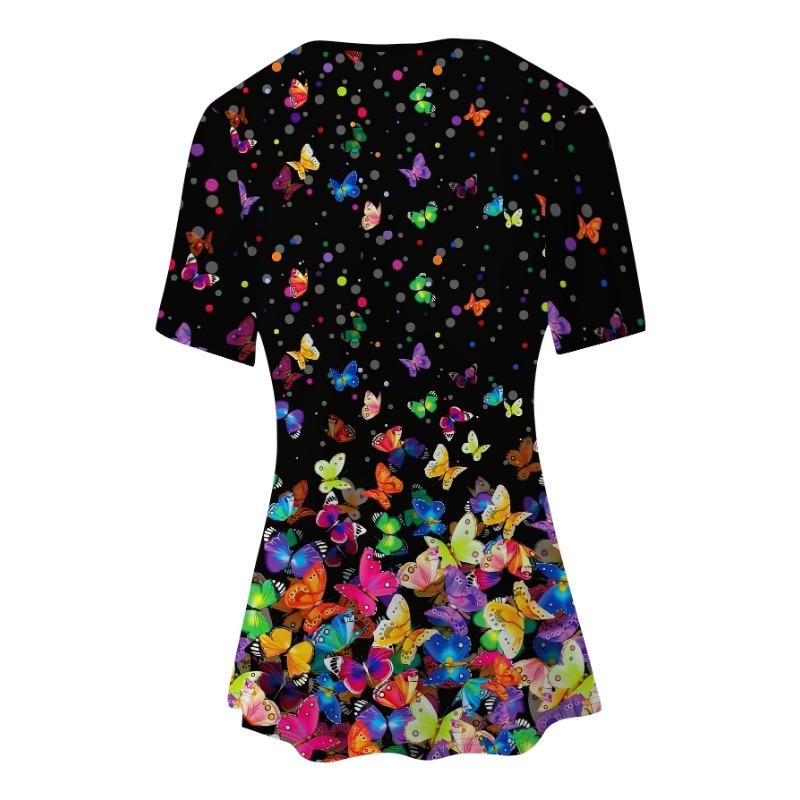 Women's Colorful Butterfly Fluttering Printed Fashionable Short-sleeved Cropped Pants Suit