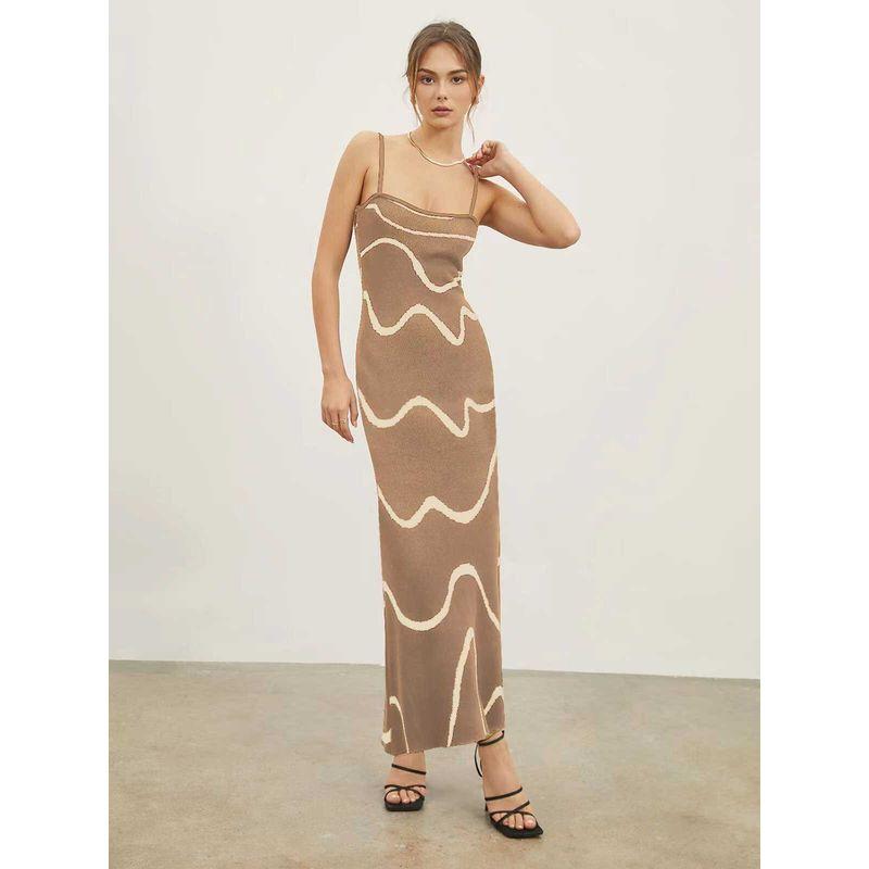 

Knitted Sexy Hip Dress Temperament Sling Long dress Slim fit Striped Knitted Sexy Sheath Dress Khaki L