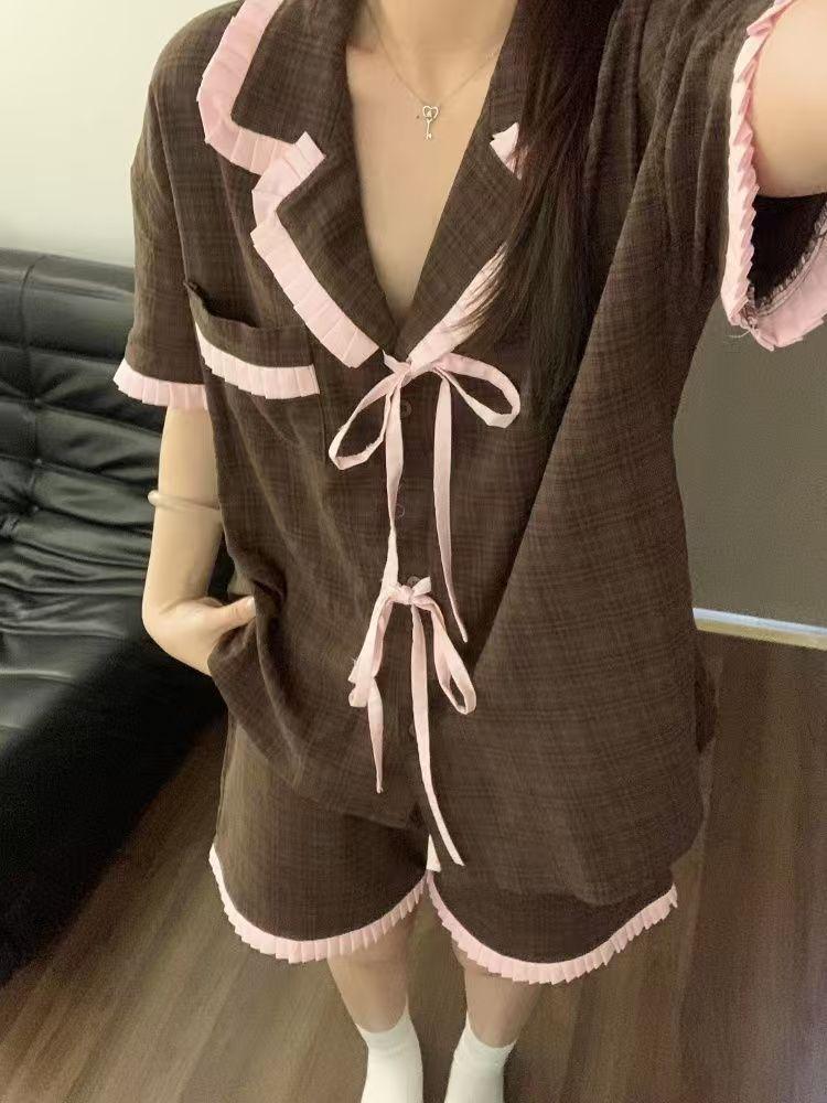 

Internet celebrities new brown striped pajamas women s summer short-sleeved shorts bow two-piece set can be worn outside loungewear XXL