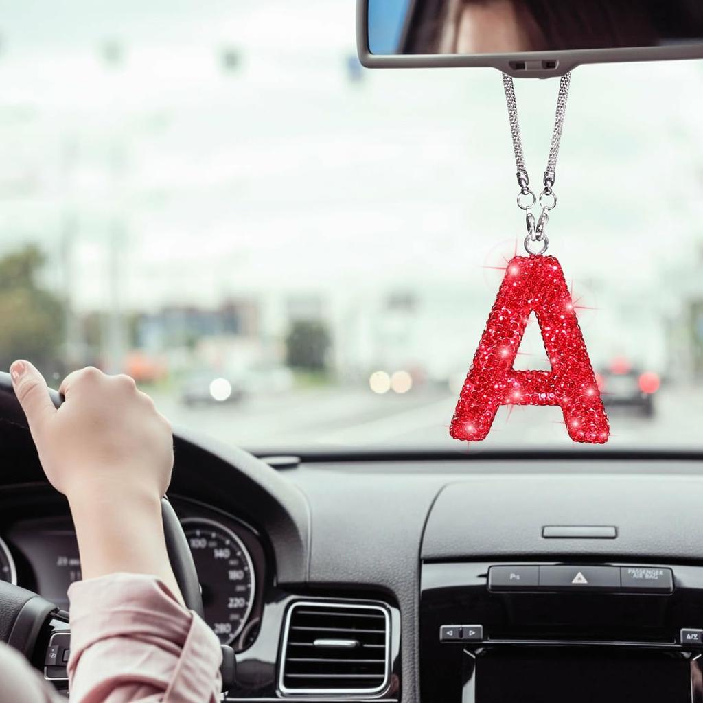 Bling Hanging Car Accessories, Diamond Crystal Rhinestone Mirror Hanging Letter A Pendant, Cute Lucky Red Bling Car Ornament for Women (Red,A)