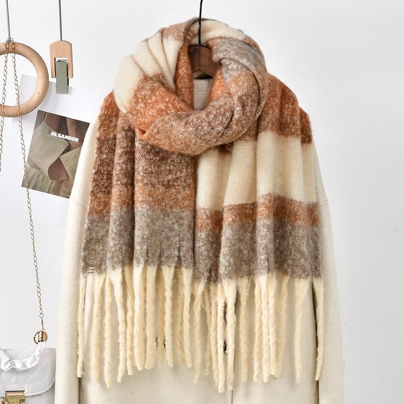 New Scarf Women Female Winter Mohair Warm Thickened Long Scarves Soft Patchwork Coarse Braid Tassel Shawl Viscose Wrap Shawls
