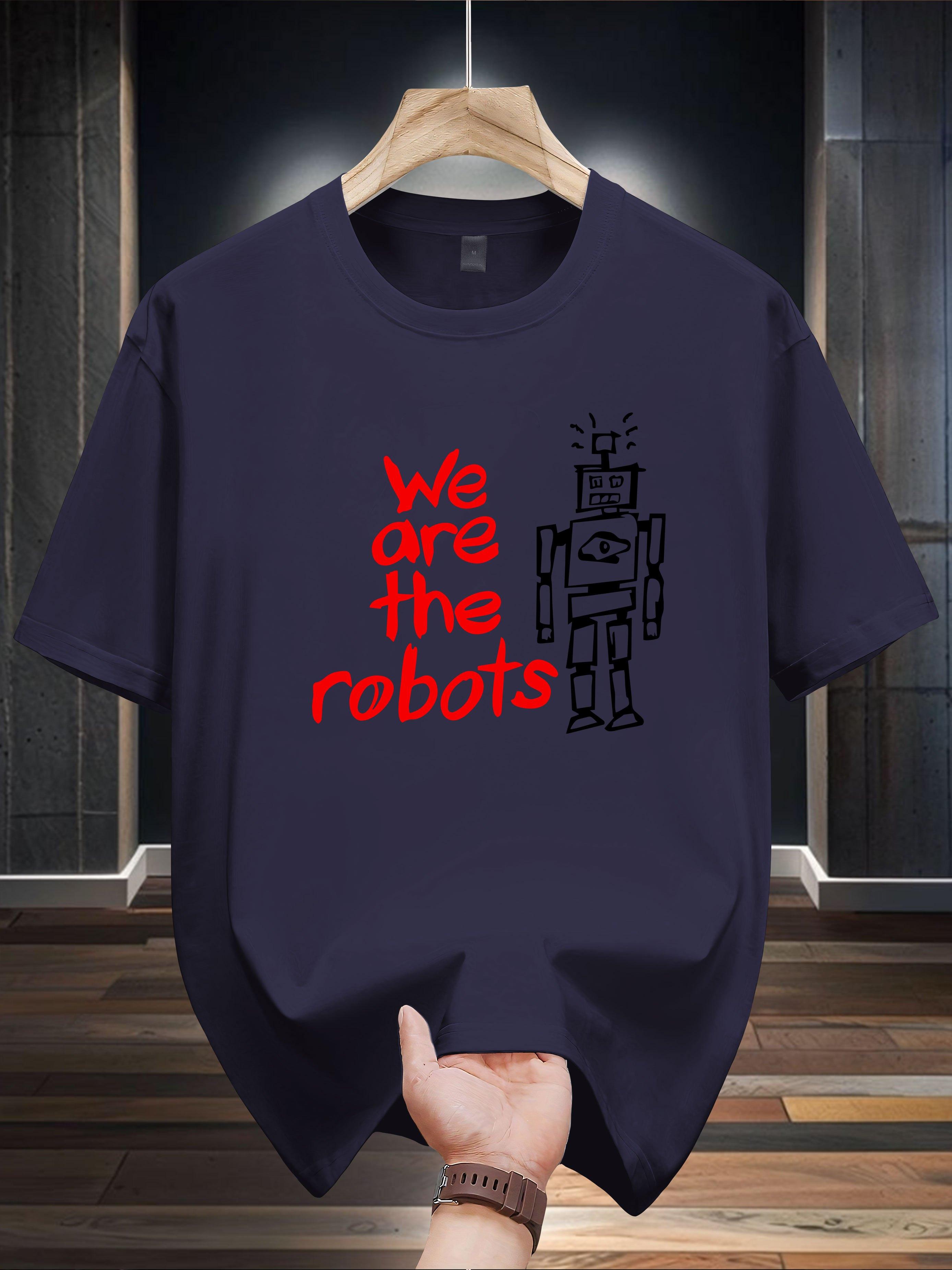 Niuwang Selection 200g 100% Cotton Short Sleeve T-shirt - Navy Blue Casual Graphic Tee with We Are The Robots Print & Robot Design M