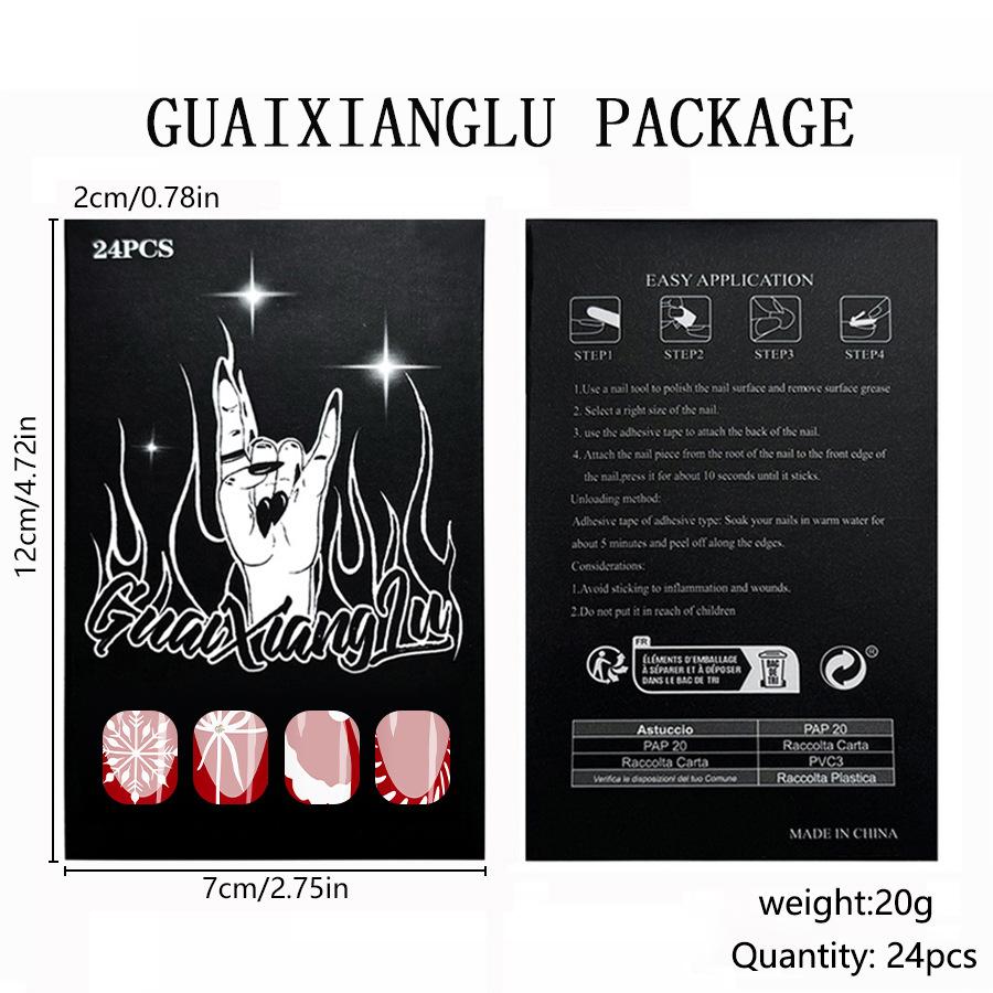 2026 Weihnachten Rote Streifen Französisch Glänzend Mittlere Mandel Press-On Nägel 24 Stück mit Glitzer Schneeflocken Design