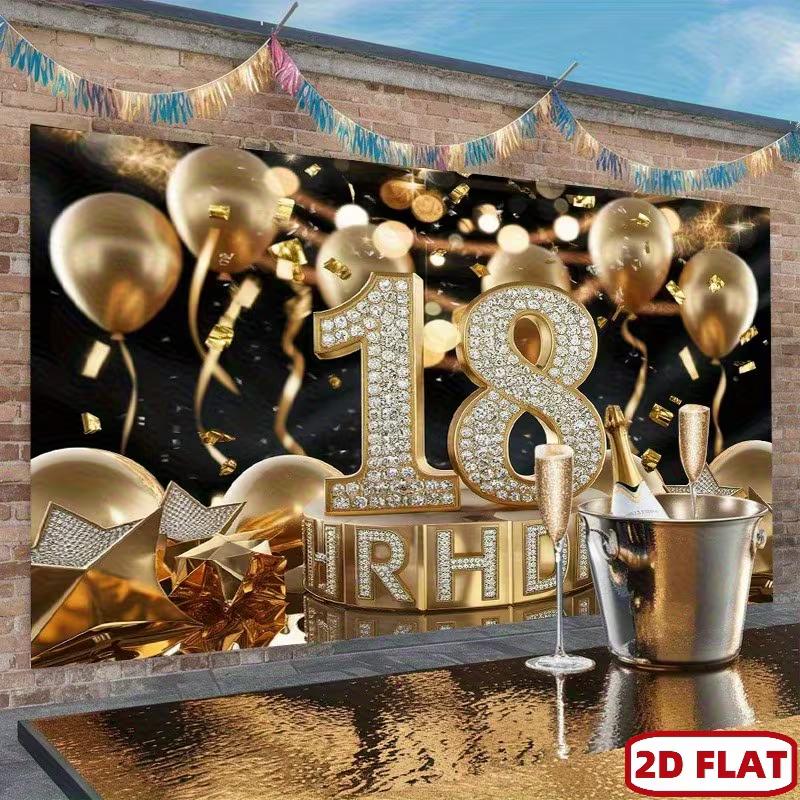 2D 18th Birthday Black Gold Glitter & Confetti Backdrop for Adult Party