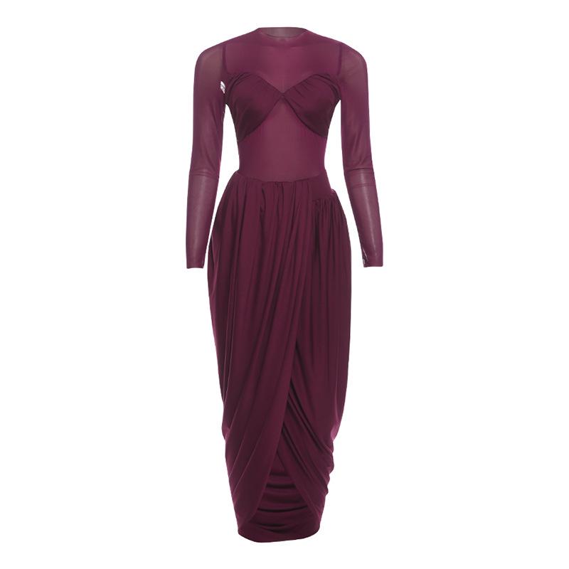 European Style 2025 Autumn Mesh Patchwork Pleated Irregular Long Sleeve Dress Small вино красного