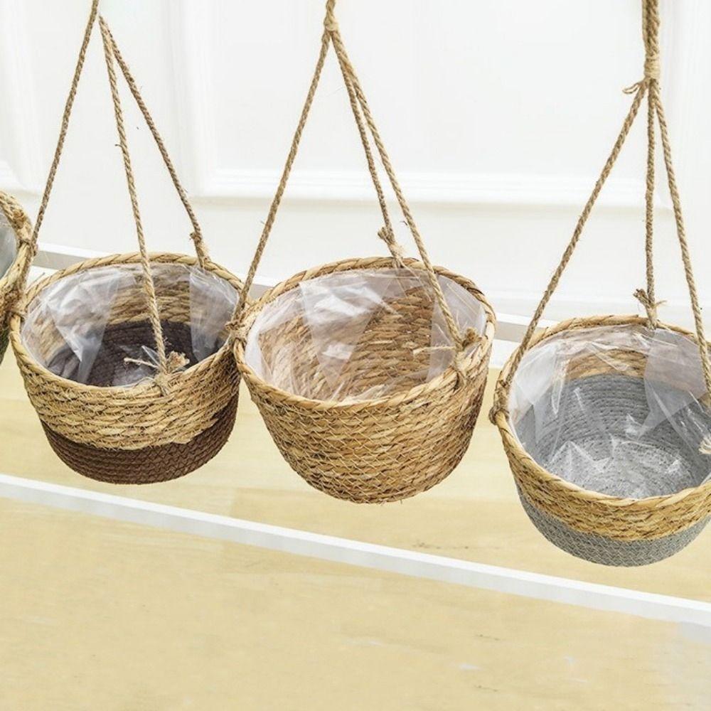 Handwoven Straw Hanging Basket Decorative Waterproof Woven Flower Basket Handmade Macrame Plant Storage Basket Home Decor