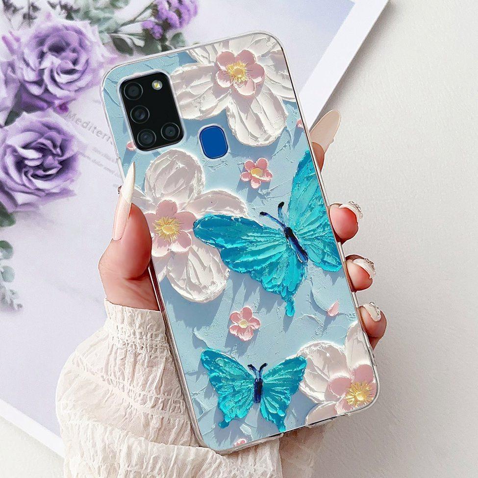 Clear For Samsung A21s SM-A217F SM-A217M Cover For Samsung Galaxy A21s Case Cute Luxury Butterfly Love Flowers Cool Painted