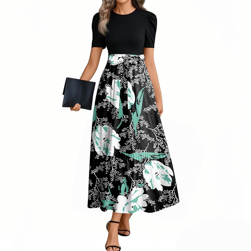 Women's Fashion Casual Belted Round Neck Short Sleeve Floral Patchwork Elegant Dresses