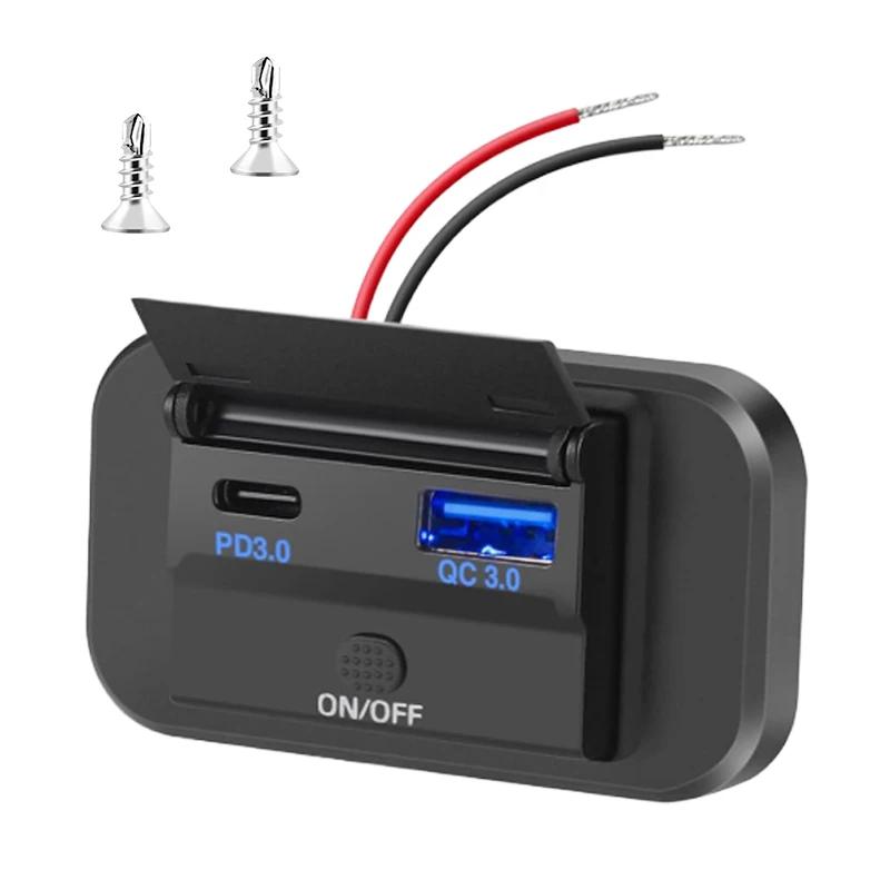 Socket Panel 12V 24V Dual USB Outlet PD Type C QC3.0 Surface Mount with LED Light for Automotive RV Marine Boat Motorcycle Truck