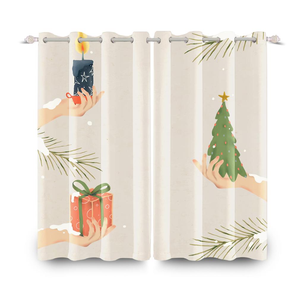 Merry Christmas Curtains Festival Home Interior Set Double Layer Windows Suitable Bedroom Light Blocking Made Of Polyester Decor Window Treatment